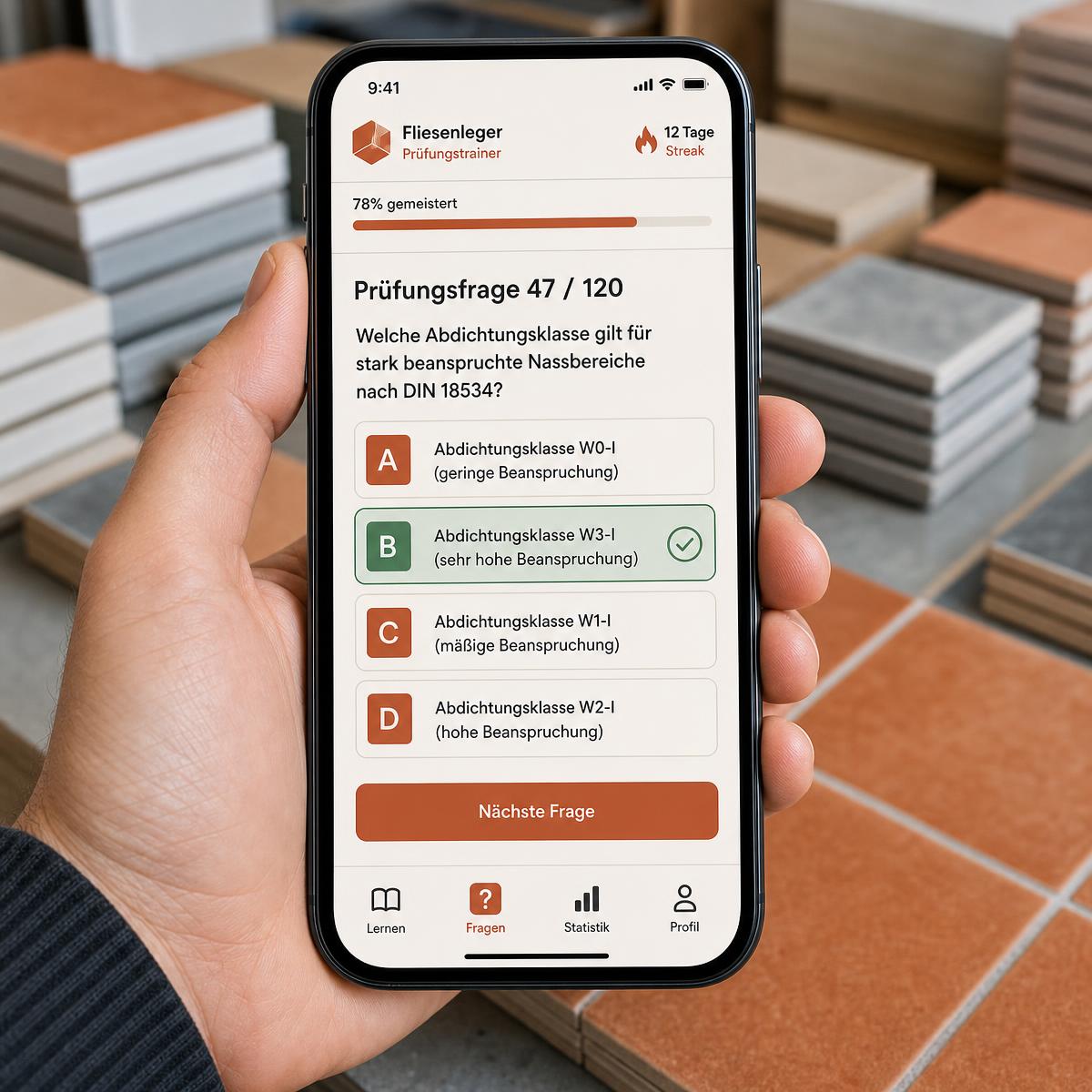 Fliesenleger Trainer-App auf dem Smartphone mit Prüfungsfrage und Auswertung